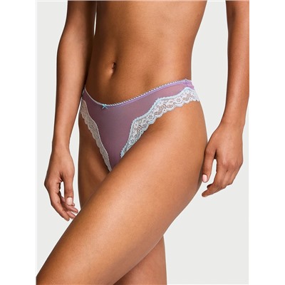 Tease Mesh Lace-Trim High-Leg Thong Panty