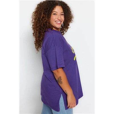 Mor Geniş Kalıp Bisiklet Yaka Baskılı %100 Pamuk Örme T-shirt TBBSS23AH00131