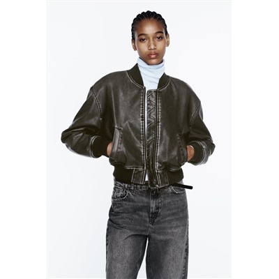 WORN EFFECT LEATHER EFFECT BOMBER JACKET