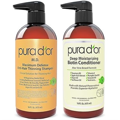 PURA D'OR MD Anti-Thinning Biotin Shampoo & Conditioner Set (16oz x2) Maximum Defense Coal-Tar Strong Scented DHT Blocker Hair Thickening Products For Women & Men, Daily Shampoo For Scalp Health