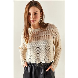 Olalook Kadın Taş Üstü Delikli Ajurlu Crop Triko Bluz BLZ-19002328