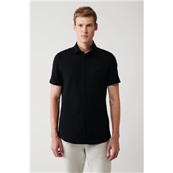 Avva Erkek Siyah Kolay Ütülenebilir Klasik Yaka Örme Likralı Pamuklu Slim Fit Dar Kesim Kısa Kollu Gömlek E002051