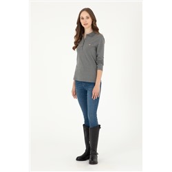 Kadın Antrasit Melanj Basic Polo Yaka Sweatshirt