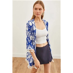 Olalook, Kadın Etnik Saks Mavi Püsküllü Salaş Örme Kimono KMN-00000056