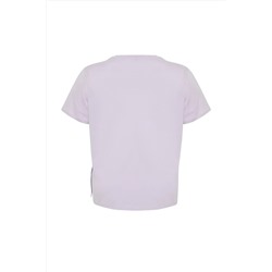Lila Çıt Çıt Detaylı %100 Pamuk Büyük Beden Örme T-shirt TBBSS24BF00000