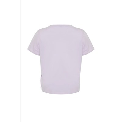 Lila Çıt Çıt Detaylı %100 Pamuk Büyük Beden Örme T-shirt TBBSS24BF00000