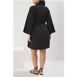 Siyah Kuşaklı Kısa Dokuma %100 Pamuklu Büyük Beden Kimono&Kaftan TBBSS25DE00000