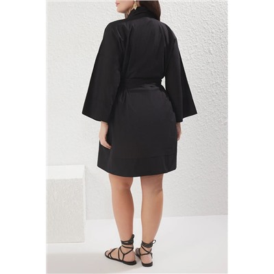 Siyah Kuşaklı Kısa Dokuma %100 Pamuklu Büyük Beden Kimono&Kaftan TBBSS25DE00000