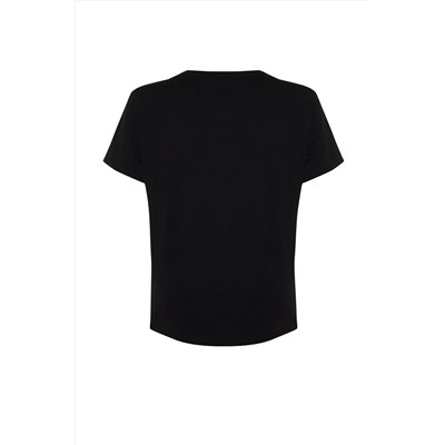 Siyah Oversize Animal Baskılı Cep etaylı %100 Pamuk Örme Büyük Beden T-shirt TBBSS24BF00059