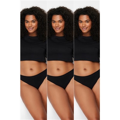 Siyah 3'lü Paket Pamuklu Büyük Beden Tanga Örme Külot TBBAW24CM00010