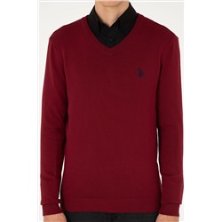 Erkek Slim Fit V Yaka Bordo Basic Kazak