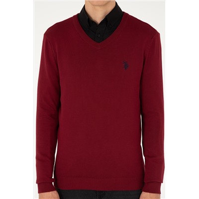 Erkek Slim Fit V Yaka Bordo Basic Kazak