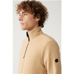 Bej Dik Yaka Soğuğa Dayanıklı Yarım Fermuarlı Regular Fit Standart Kesim Polar Sweatshirt