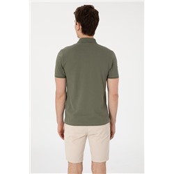 Erkek Slim Fit Polo Yaka Koyu Haki Basic Tişört