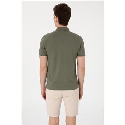 Erkek Slim Fit Polo Yaka Koyu Haki Basic Tişört