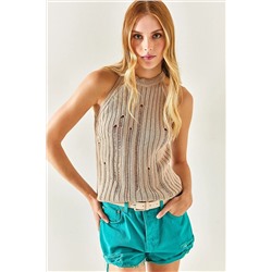 Olalook Kadın Taş Halter Yaka Lazer Detaylı Triko Bluz BLZ-19002355