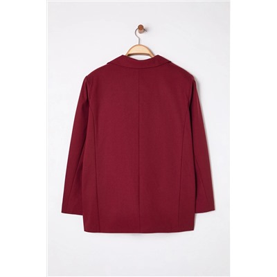 Bordo Astarlı Oversize/Bol Kesim Blazer Dokuma Büyük Beden Kumaş Ceket TBBAW25AG00019
