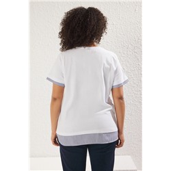 Beyaz Yaka ve Etek Ucunda Çizgili Poplin Detaylı Örme Büyük Beden T-shirt TBBSS25BF00003