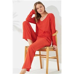 Siyah İnci Turuncu Soft Touch Ince Örme Pijama Takım 7662