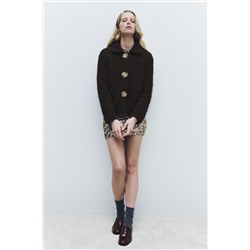 FAUX FUR KNIT JACKET WITH FLOWER BUTTONS