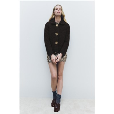 FAUX FUR KNIT JACKET WITH FLOWER BUTTONS
