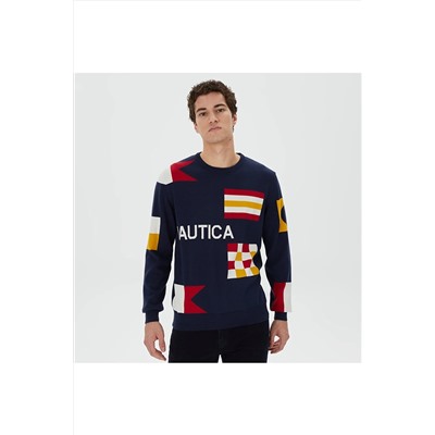 Nautica Erkek Lacivert Standart Fıt Desenli Uzun Kollu Triko S37123T