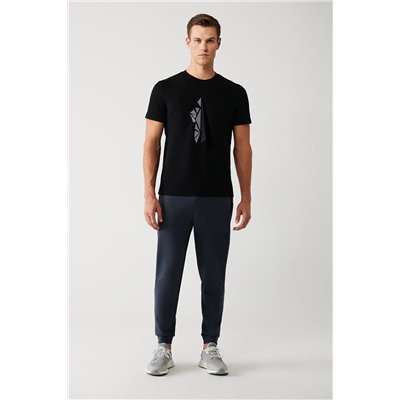 Siyah Bisiklet Yaka Kısa Kollu Flok Baskılı Regular Fit Standart Kesim T-Shirt