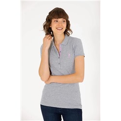Kadın Gri Melanj Basic Polo Yaka Tişört