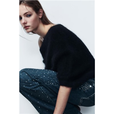TRF RELAXED OVERSIZE RHINESTONE MID-WAIST JEANS
