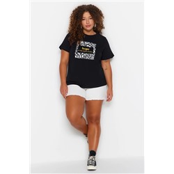 Siyah Bisiklet Yaka Baskılı %100 Pamuk Örme T-Shirt TBBSS23BF00025