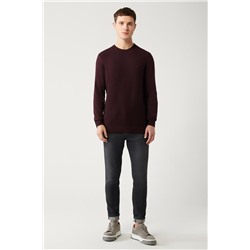 Bordo Bisiklet Yaka Önü Dokulu Pamuklu Regular Fit Standart Kesim Triko Kazak