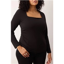 Siyah Kare Yaka Büzgü/Drape Detaylı Slim/Vücuda Oturan Örme Büyük Beden Bluz  TBBAW26AF00022