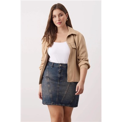 More Sustainable Koyu Mavi Yüksek Bel Dikiş Detaylı Mini Denim Büyük Beden Etek TBBAW26AZ00037