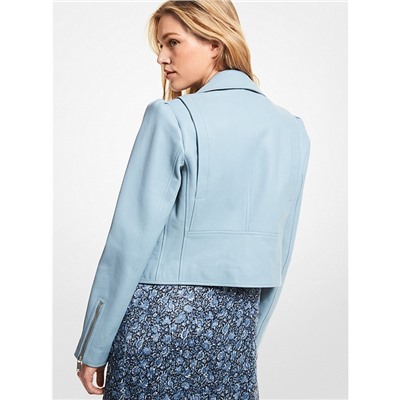 Pebbled Leather Puff-Sleeve Moto Jacket