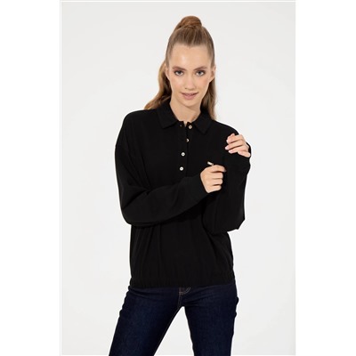 Kadın Siyah Polo Yaka Sweatshirt
