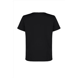 Siyah Boyfriend Çiçek Nakış Detaylı %100 Pamuk Örme Büyük Beden T-shirt TBBSS24BF00029