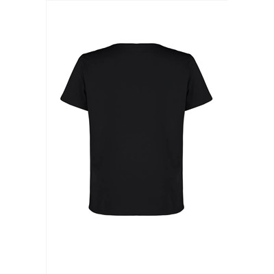 Siyah Boyfriend Çiçek Nakış Detaylı %100 Pamuk Örme Büyük Beden T-shirt TBBSS24BF00029