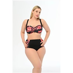 AQUAVİVA, Aquaviva Kadın Siyah Pembe Gül Desen Büyük Beden Anjeliq Drapeli Bikini Takımı