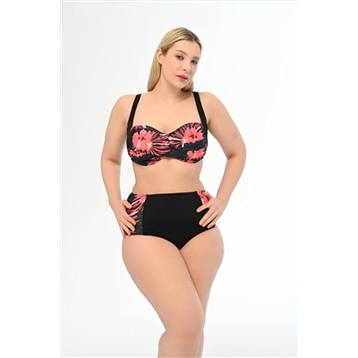 AQUAVİVA, Aquaviva Kadın Siyah Pembe Gül Desen Büyük Beden Anjeliq Drapeli Bikini Takımı
