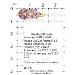 Кольцо из золочёного серебра с синт.александритом 925 пробы К-3791лзс946