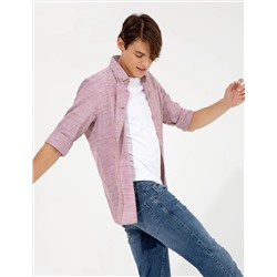 Bordo Slim Fit Keten Görünümlü Gömlek