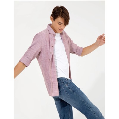 Bordo Slim Fit Keten Görünümlü Gömlek
