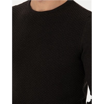 Kahverengi Slim Fit Bisiklet Yaka Triko Kazak