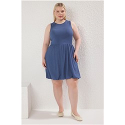 Trendyol Curve Mavi Yuvarlak Yaka Skater Örme Dokulu Büyük Beden Elbise TBBSS25AH00173