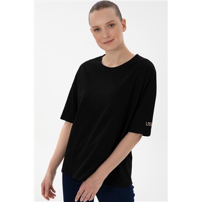 Kadın Siyah Oversize Bisiklet Yaka Tişört