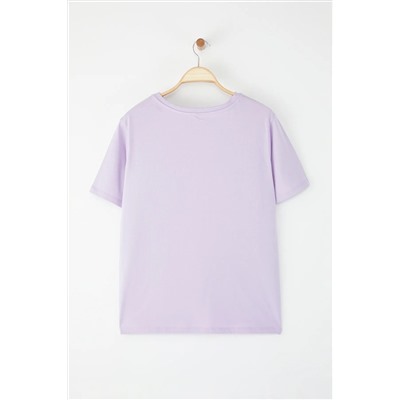 Lila Kokteyl Baskılı Boyfriend Fit Büyük Beden T-shirt TBBSS25BF00068