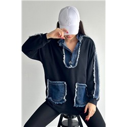 FEMELLE Kadın Lacivert Fermuarlı Cepli Kot Denim Detaylı Sweatshirt 14194