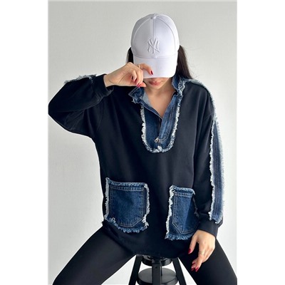 FEMELLE Kadın Lacivert Fermuarlı Cepli Kot Denim Detaylı Sweatshirt 14194