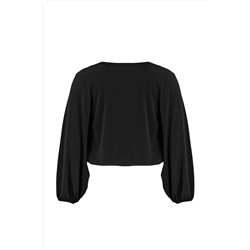 Siyah Balon Kol Kruvaze Yaka Örme Crop Bluz TBBAW23AF00029