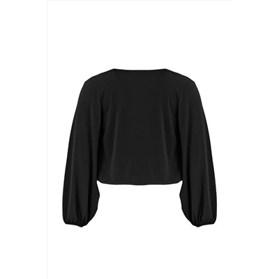 Siyah Balon Kol Kruvaze Yaka Örme Crop Bluz TBBAW23AF00029